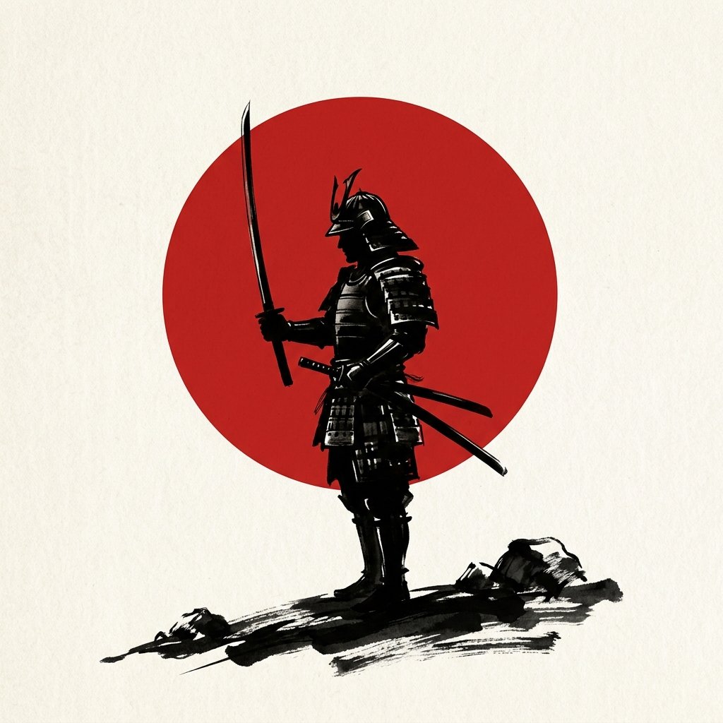 Samurai warrior with rising sun — Japanese ink art